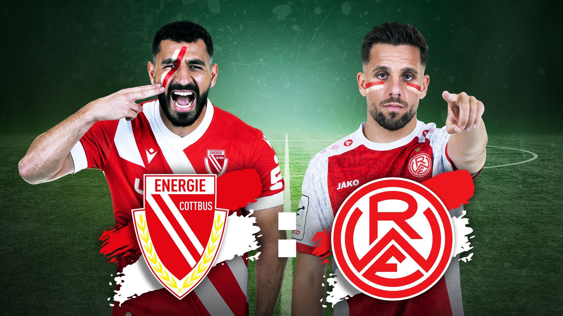 Werbegrafik mit den Spielern von Energie Cottbus und Rot-Weiss Essen sowie Vereinslogos